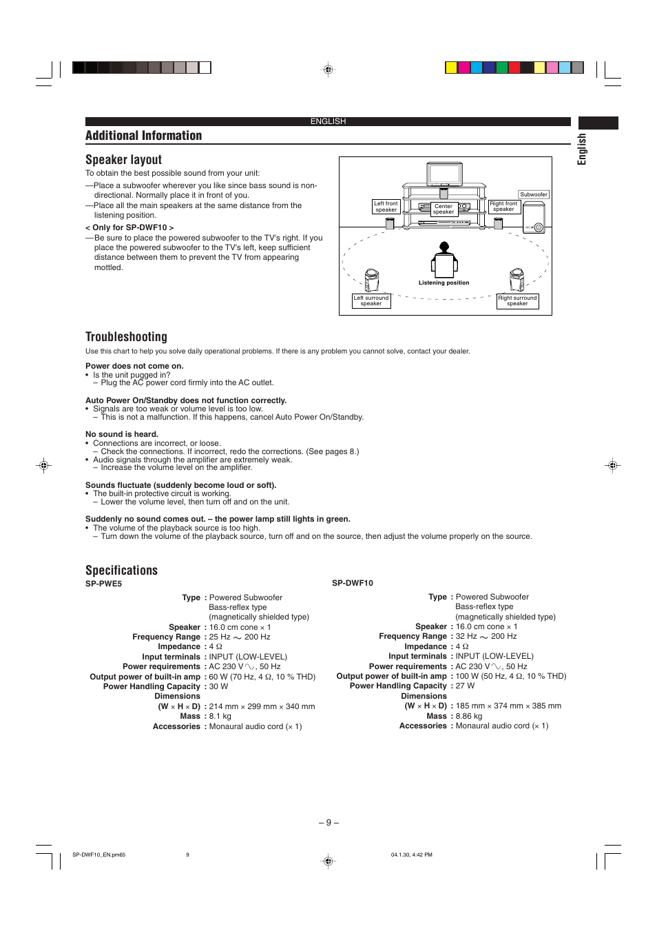 Additional information speaker layout, Troubleshooting, Specifications | English | JVC SP-DWF10 User Manual | Page 9 / 16