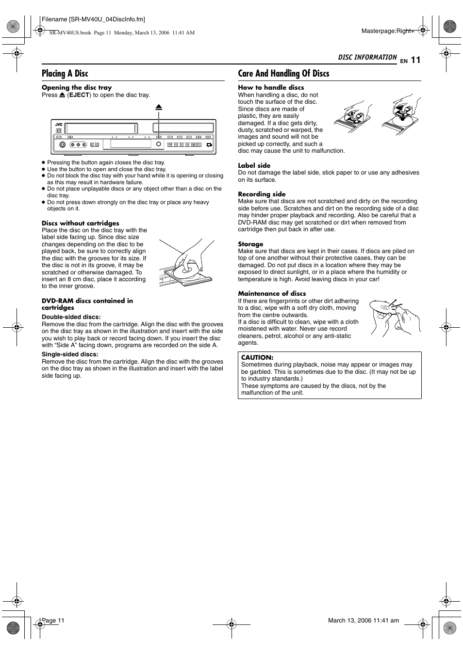 Placing a disc, Care and handling of discs | JVC SR-MV40U User Manual | Page 11 / 88