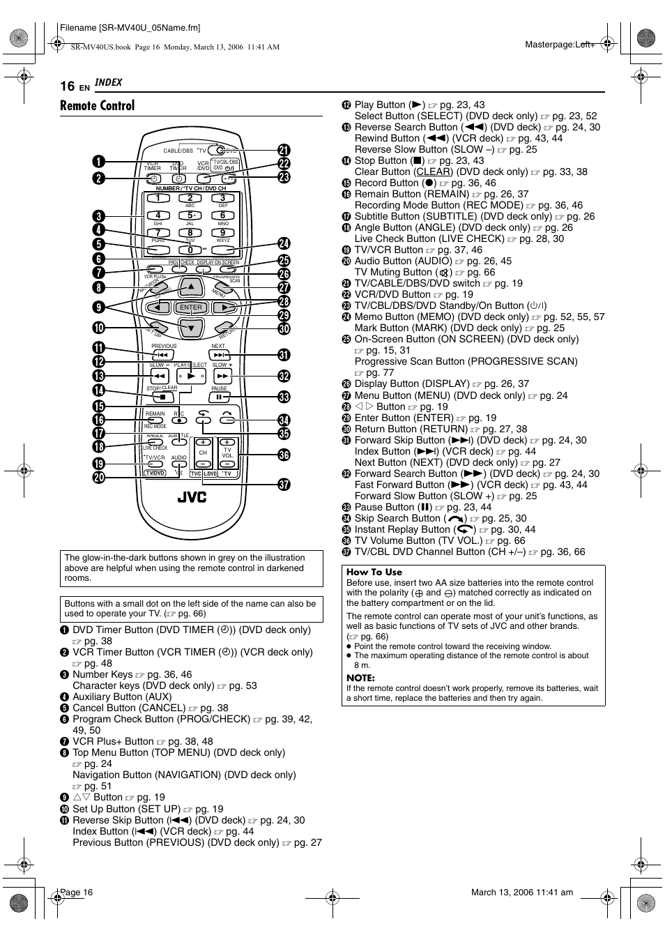 Remote control | JVC SR-MV40U User Manual | Page 16 / 88