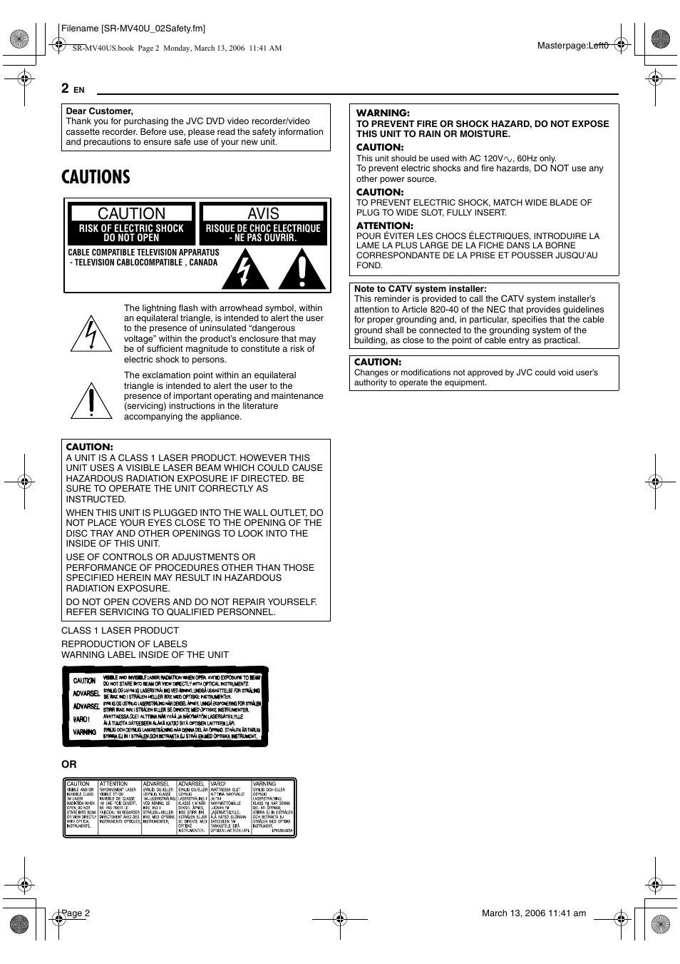 Cautions, Caution avis | JVC SR-MV40U User Manual | Page 2 / 88