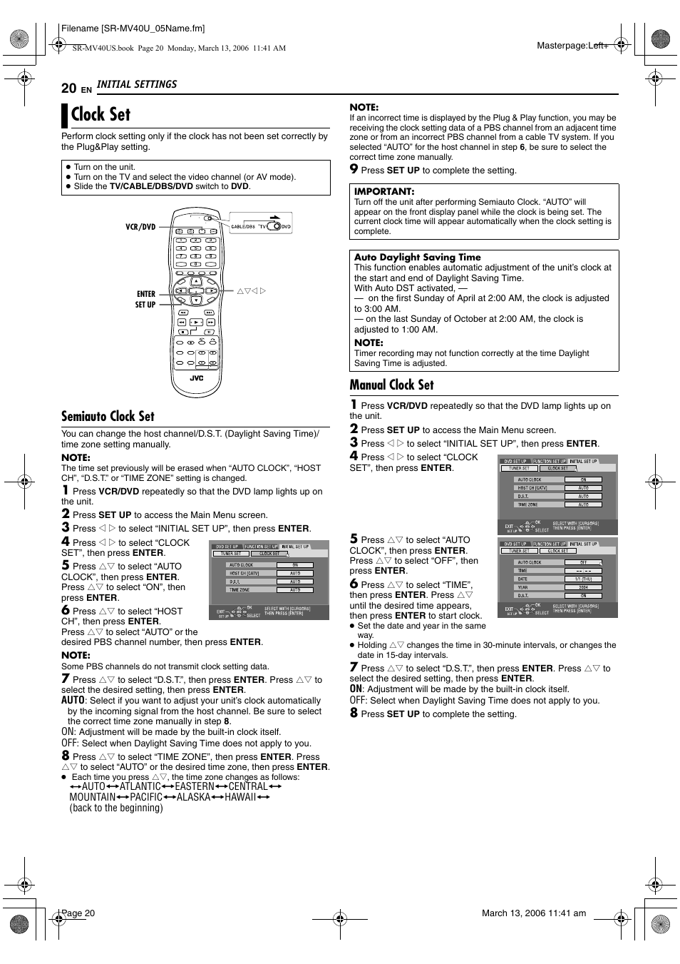 Clock set, Semiauto clock set, Manual clock set | Pg. 20), Pg. 20) an, Pg. 20 – 21, Pg. 20), th, K” is “on, M “semiauto clock set, Pg. 20) or | JVC SR-MV40U User Manual | Page 20 / 88