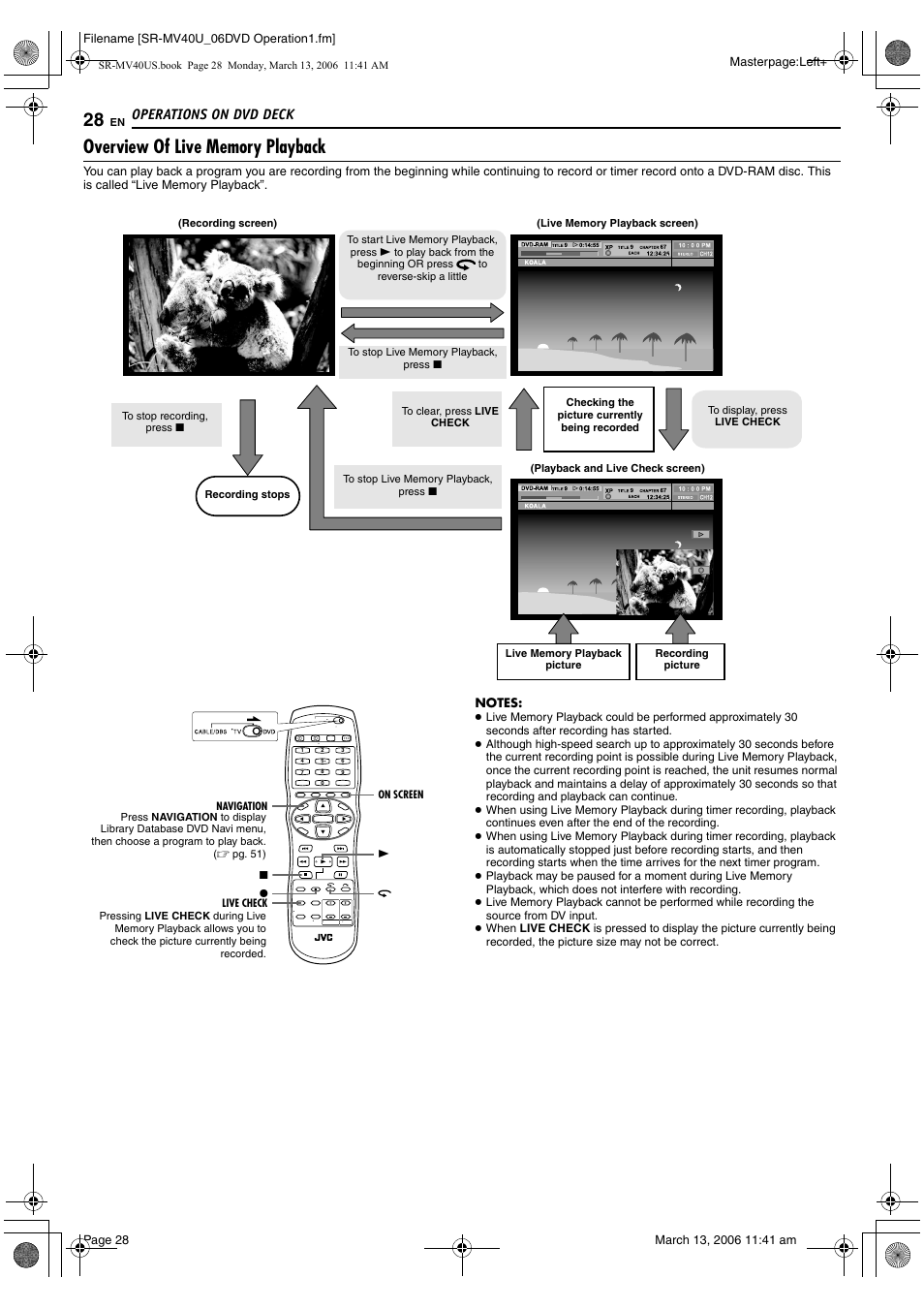Overview of live memory playback, Check), Pg. 28, 30 | Operations on dvd deck | JVC SR-MV40U User Manual | Page 28 / 88