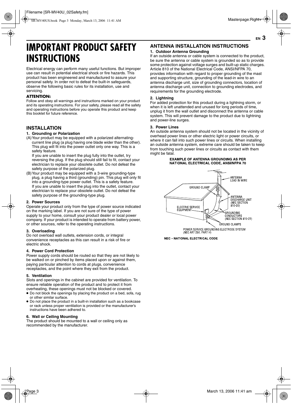 Important product safety instructions | JVC SR-MV40U User Manual | Page 3 / 88