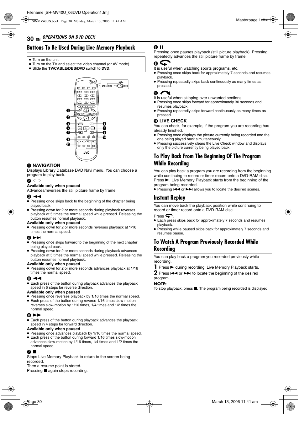 Buttons to be used during live memory playback, Instant replay, Pg. 30, 44 | JVC SR-MV40U User Manual | Page 30 / 88