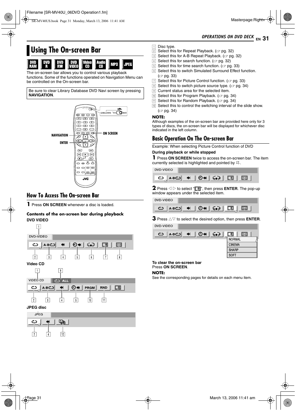 Using the on-screen bar, How to access the on-screen bar, Basic operation on the on-screen bar | JVC SR-MV40U User Manual | Page 31 / 88