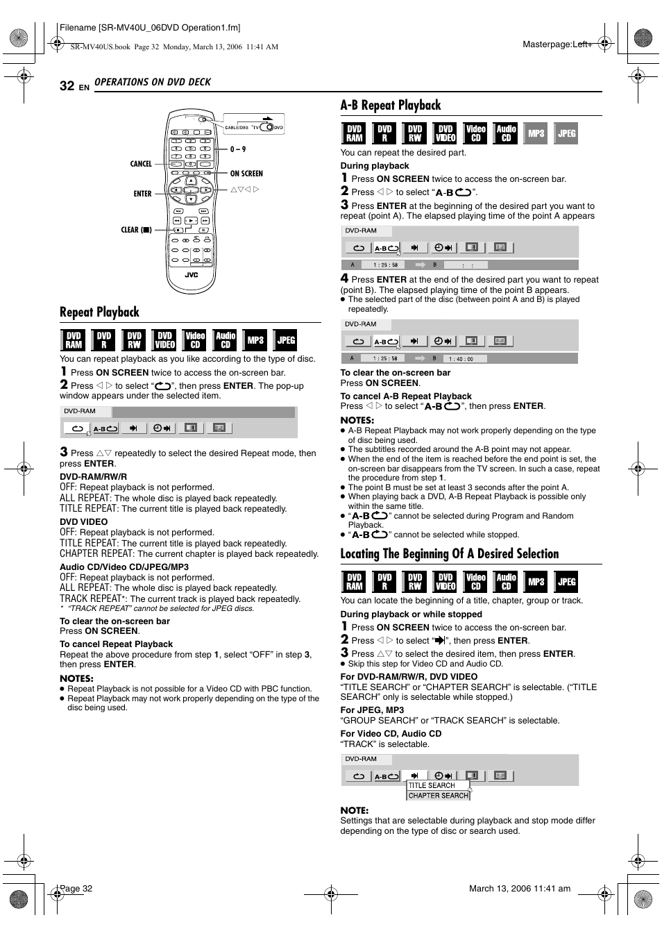 Repeat playback, A-b repeat playback, Locating the beginning of a desired selection | 1/a–b), Pg. 32, 45, K. (੬ pg. 32), Pg. 32), R search function. (੬ pg. 32) | JVC SR-MV40U User Manual | Page 32 / 88