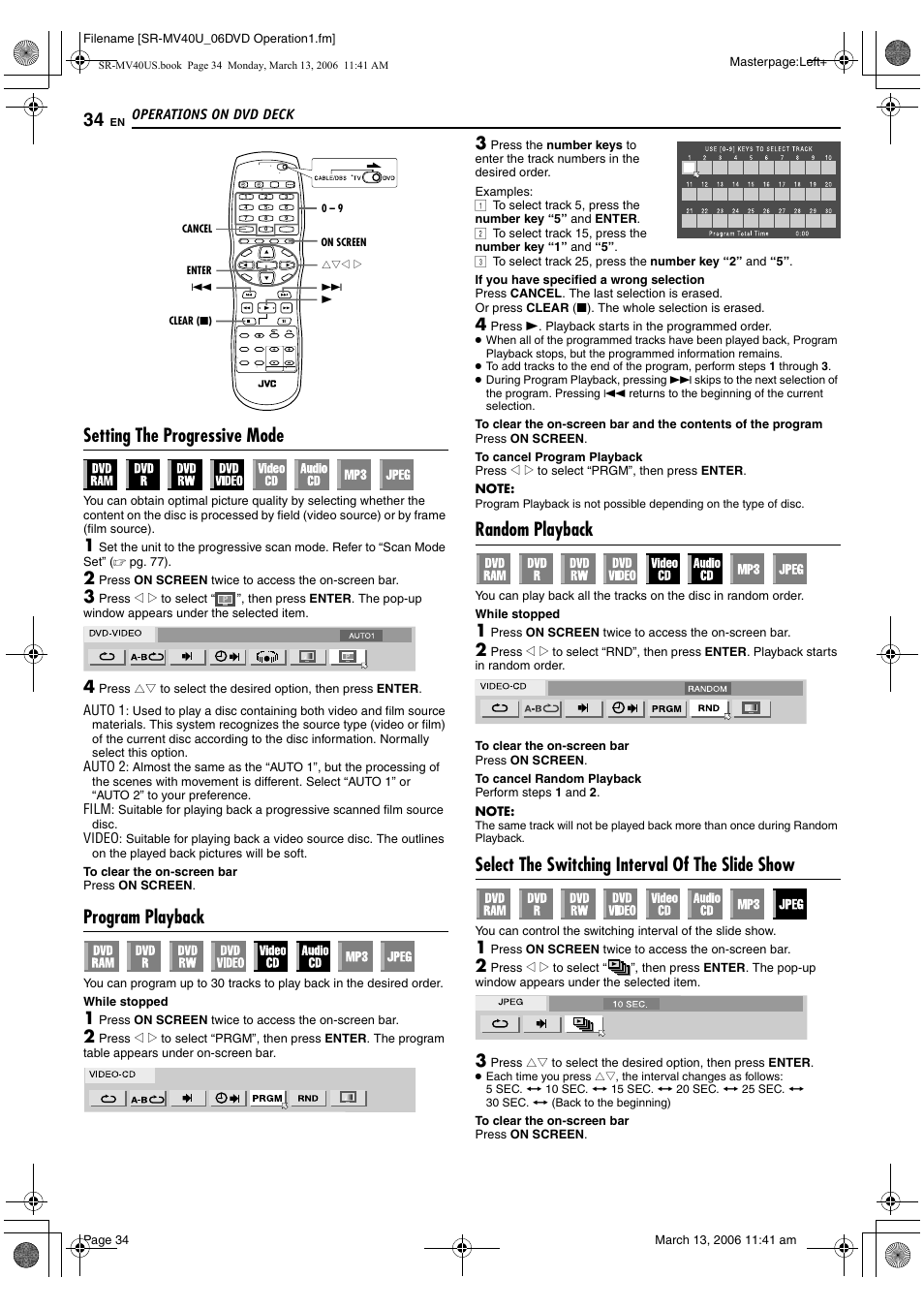 Setting the progressive mode, Program playback, Random playback | Select the switching interval of the slide show, Pg. 34, Pg. 34), K. (੬ pg. 34) | JVC SR-MV40U User Manual | Page 34 / 88