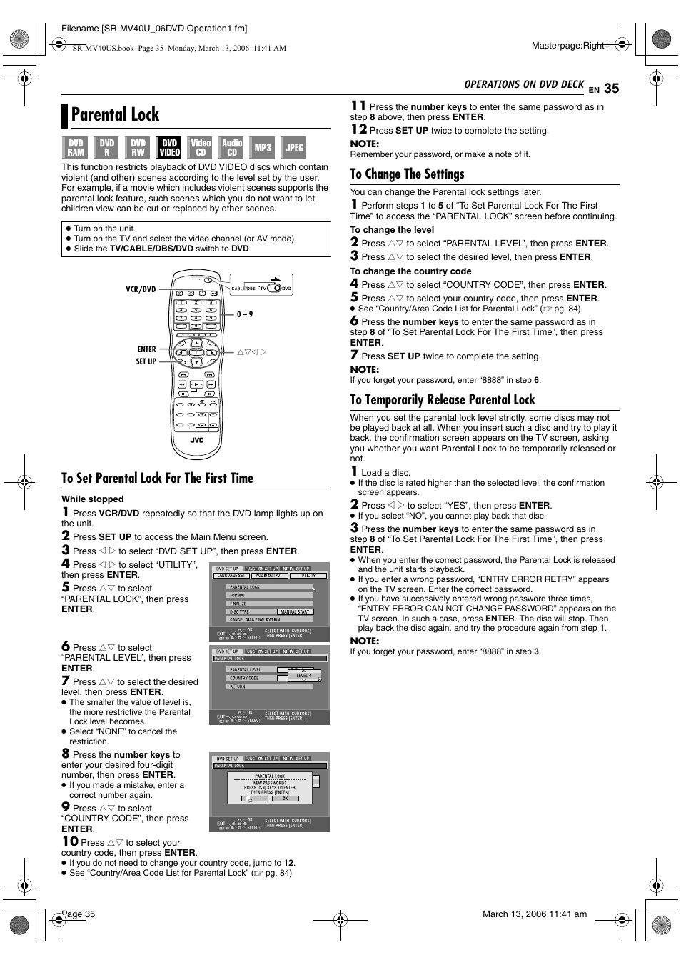 Parental lock, To set parental lock for the first time, To change the settings | To temporarily release parental lock, Pg. 35) | JVC SR-MV40U User Manual | Page 35 / 88
