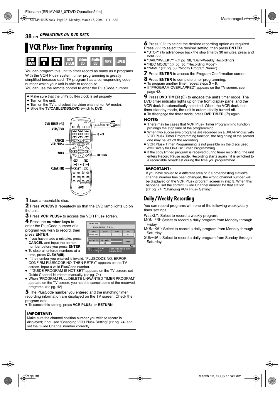 Vcr plus+ timer programming, Daily/weekly recording, Pg. 38) | Pg. 38, Button, Pg. 38, 48, Pg. 38, 39, Pg. 38, 39), M “vcr plus+ timer programming, Pg. 38) procedure | JVC SR-MV40U User Manual | Page 38 / 88