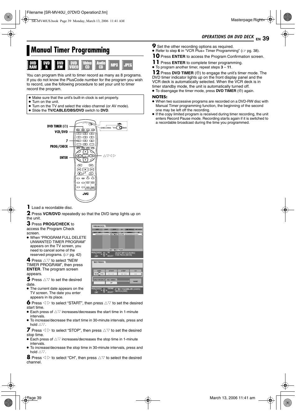 Manual timer programming, Pg. 39, 42 | JVC SR-MV40U User Manual | Page 39 / 88