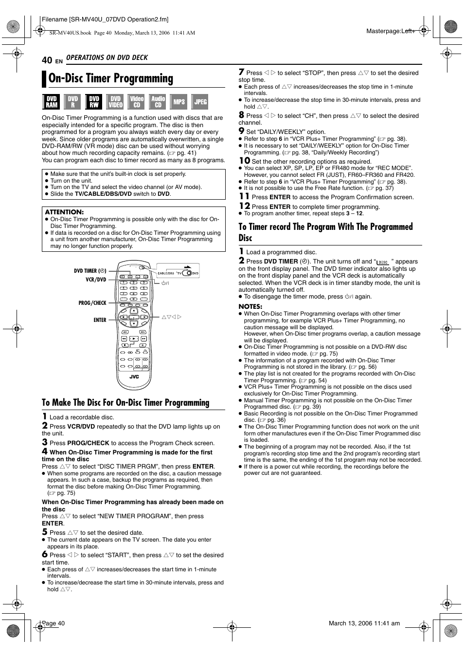 On-disc timer programming, To make the disc for on-disc timer programming, Pg. 40 | JVC SR-MV40U User Manual | Page 40 / 88