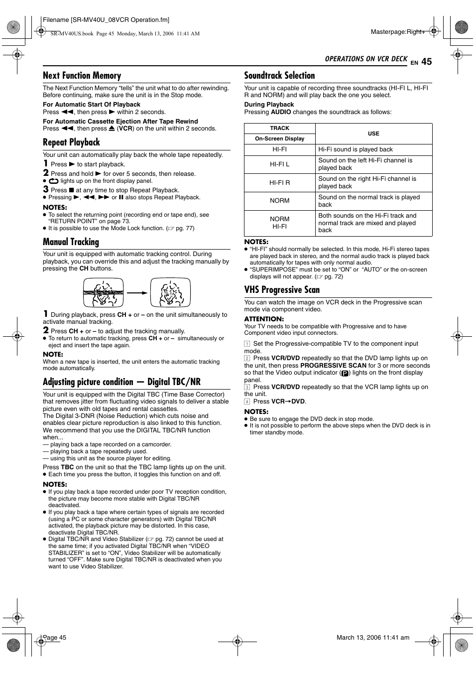 Next function memory, Repeat playback, Manual tracking | Adjusting picture condition - digital tbc/nr, Soundtrack selection, Vhs progressive scan, Pg. 45, Pg. 45), R to “vhs progressive scan, Adjusting picture condition — digital tbc/nr | JVC SR-MV40U User Manual | Page 45 / 88