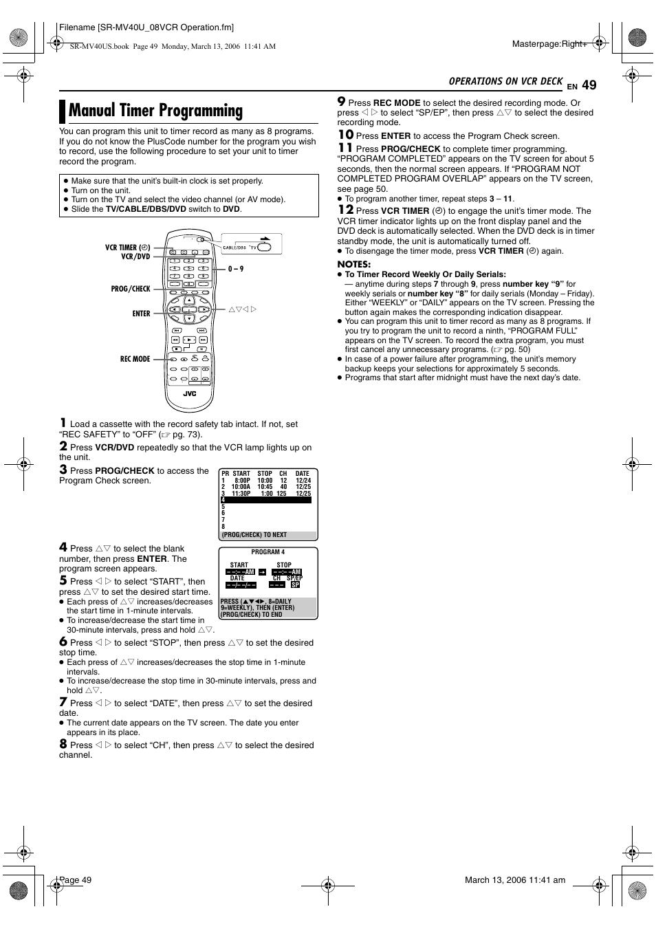 Manual timer programming, Operations on vcr deck | JVC SR-MV40U User Manual | Page 49 / 88
