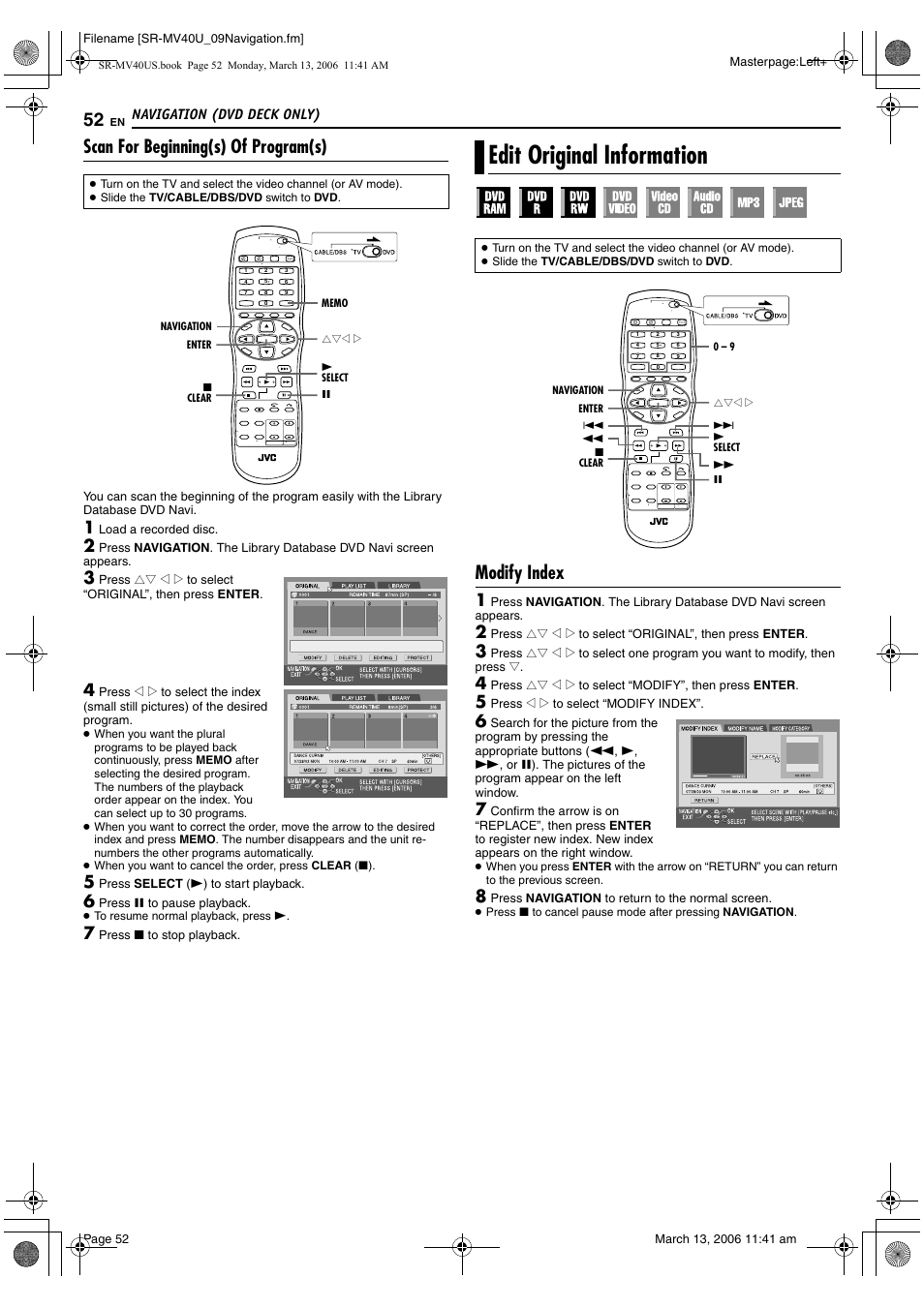 Scan for beginning(s) of program(s), Edit original information, Modify index | Only), Pg. 52, 55, Pg. 52), Original | JVC SR-MV40U User Manual | Page 52 / 88