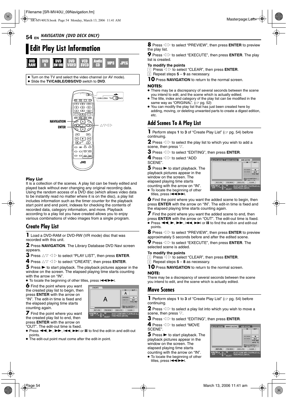 Edit play list information, Create play list, Add scenes to a play list | Move scenes, Ramming, Pg. 54) | JVC SR-MV40U User Manual | Page 54 / 88