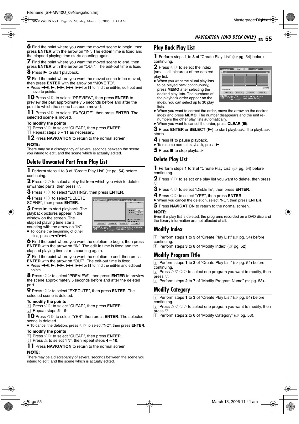 Delete unwanted part from play list, Play back play list, Delete play list | Modify index, Modify program title, Modify category | JVC SR-MV40U User Manual | Page 55 / 88
