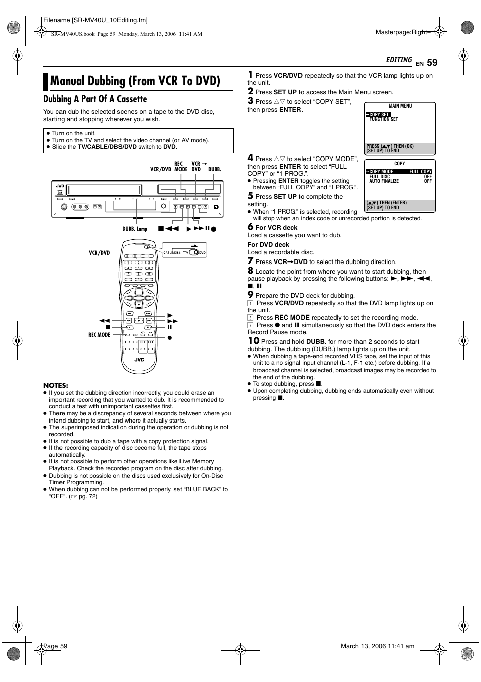 Manual dubbing (from vcr to dvd), Dubbing a part of a cassette | JVC SR-MV40U User Manual | Page 59 / 88