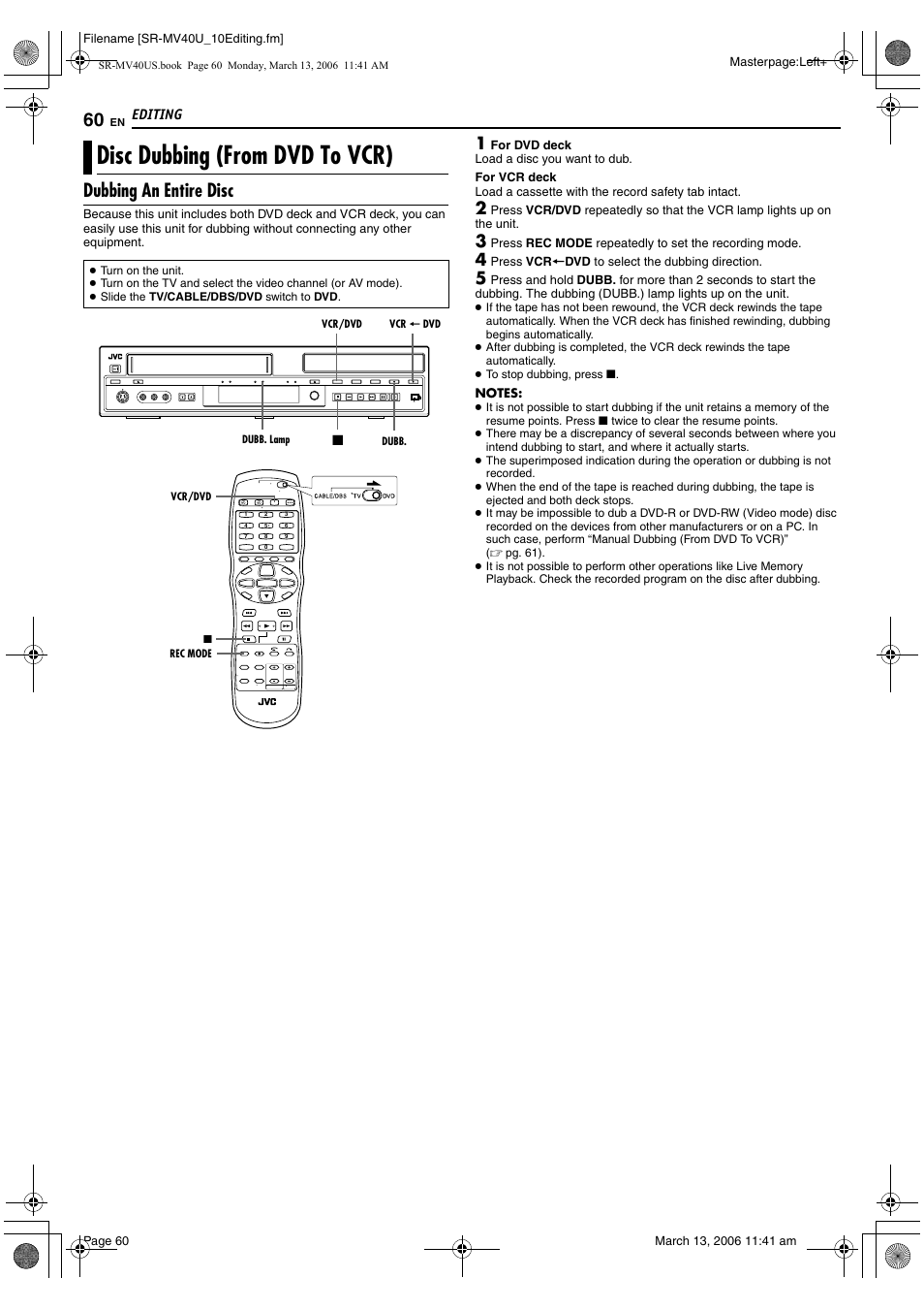 Disc dubbing (from dvd to vcr), Dubbing an entire disc | JVC SR-MV40U User Manual | Page 60 / 88
