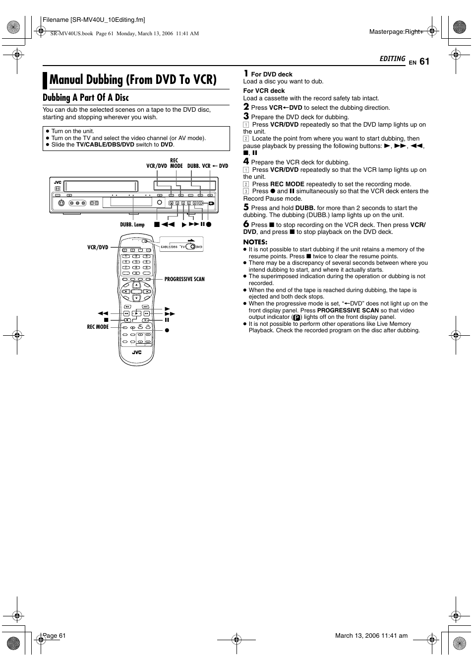 Manual dubbing (from dvd to vcr), Dubbing a part of a disc | JVC SR-MV40U User Manual | Page 61 / 88