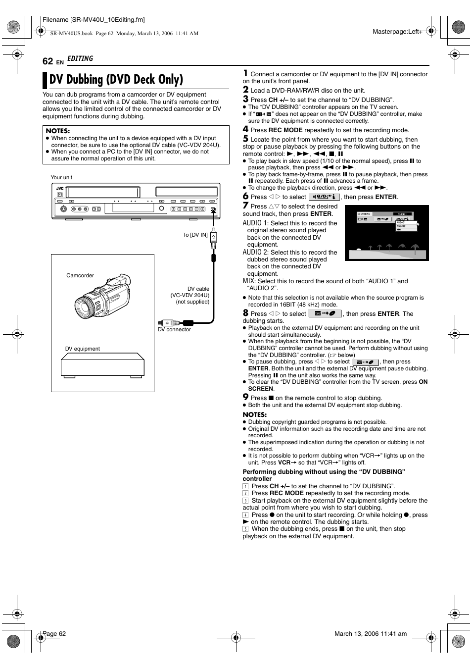 Dv dubbing (dvd deck only), Pg. 62 | JVC SR-MV40U User Manual | Page 62 / 88