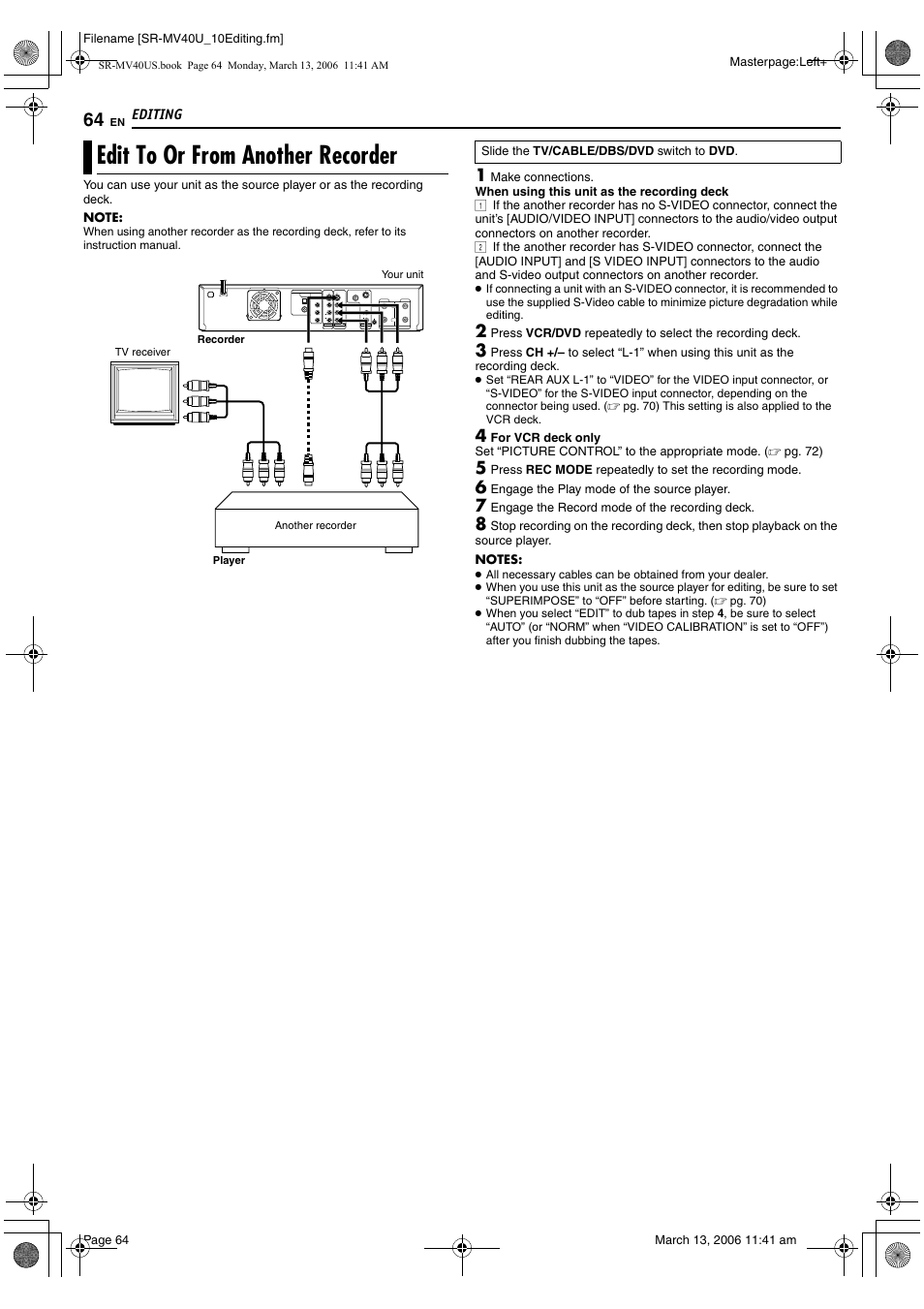 Edit to or from another recorder, Pg. 64 | JVC SR-MV40U User Manual | Page 64 / 88