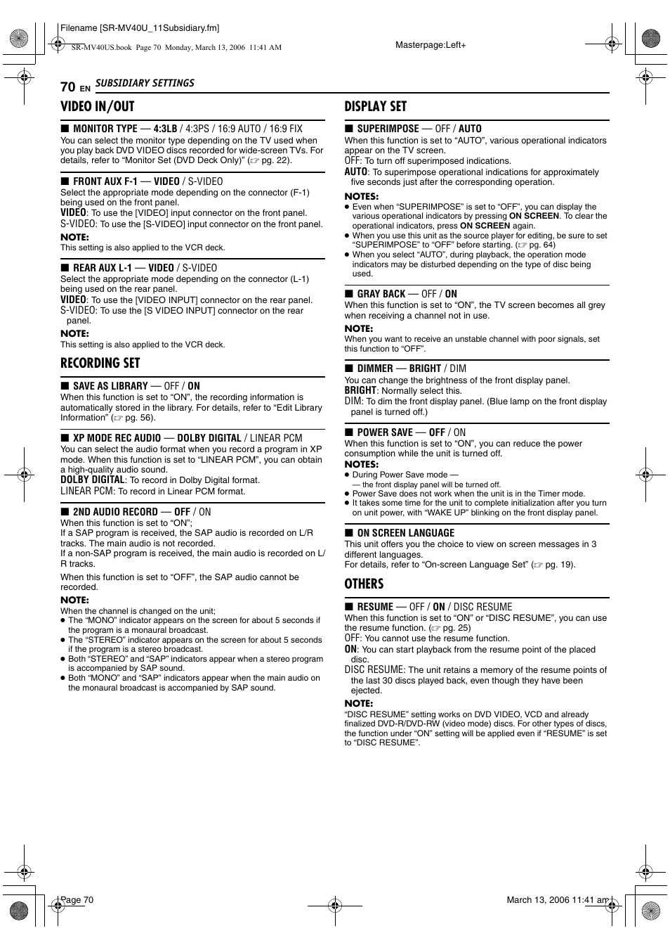 Video in/out, Recording set, Display set | Others, Pg. 70) f, Pg. 70), Pg. 70) is, Hers | JVC SR-MV40U User Manual | Page 70 / 88