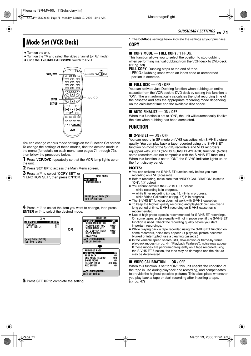 Mode set (vcr deck), Copy, Function | Pg. 71) | JVC SR-MV40U User Manual | Page 71 / 88