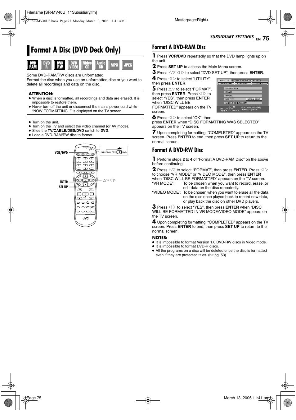 Format a disc (dvd deck only), Format a dvd-ram disc, Format a dvd-rw disc | Pg. 75, Pg. 75) | JVC SR-MV40U User Manual | Page 75 / 88