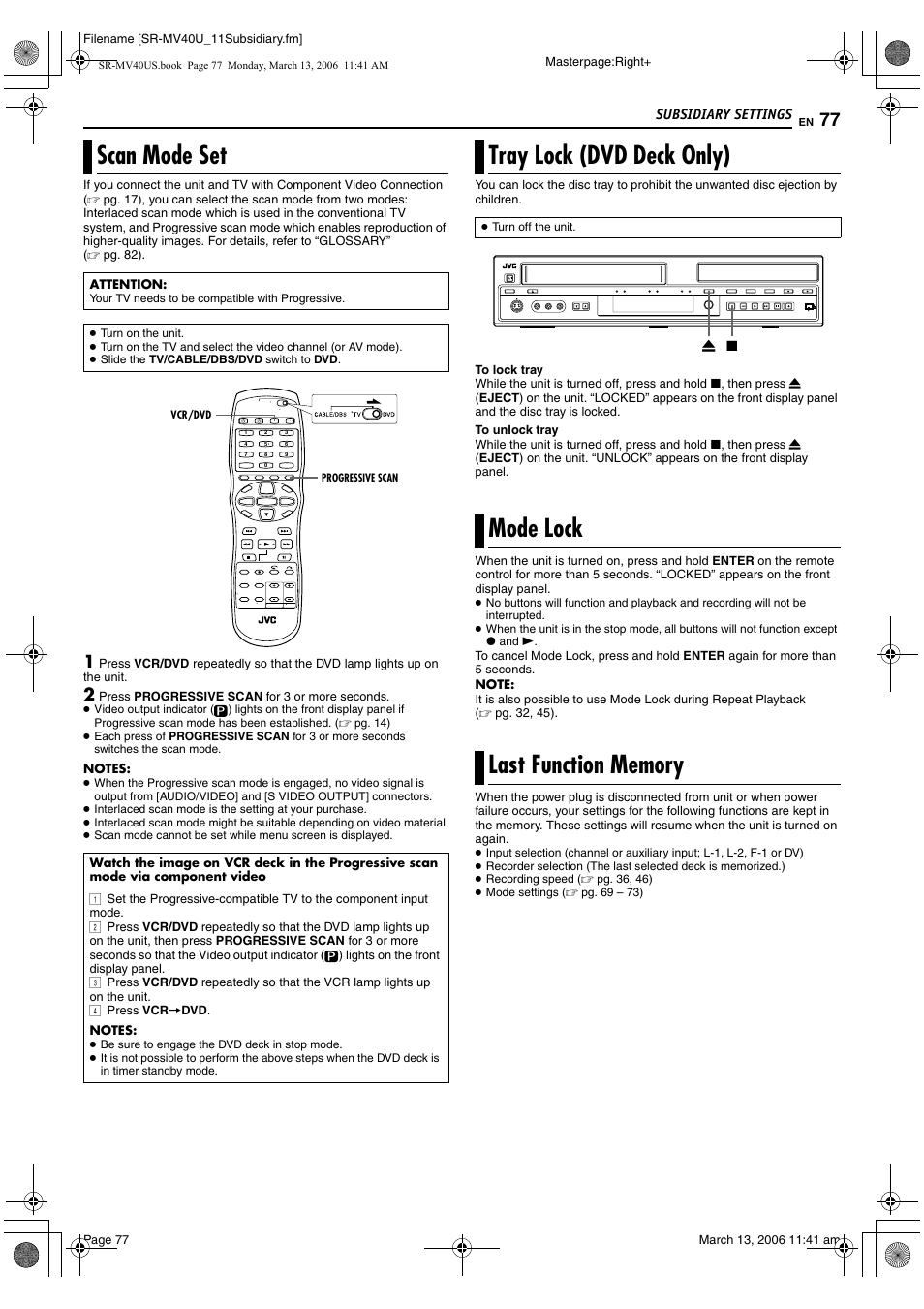 Scan mode set, Tray lock (dvd deck only), Mode lock | Last function memory, Pg. 77, Pg. 77), R to “scan mode | JVC SR-MV40U User Manual | Page 77 / 88