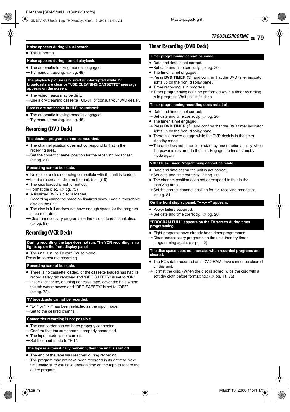 Recording (dvd deck), Recording (vcr deck), Timer recording (dvd deck) | JVC SR-MV40U User Manual | Page 79 / 88