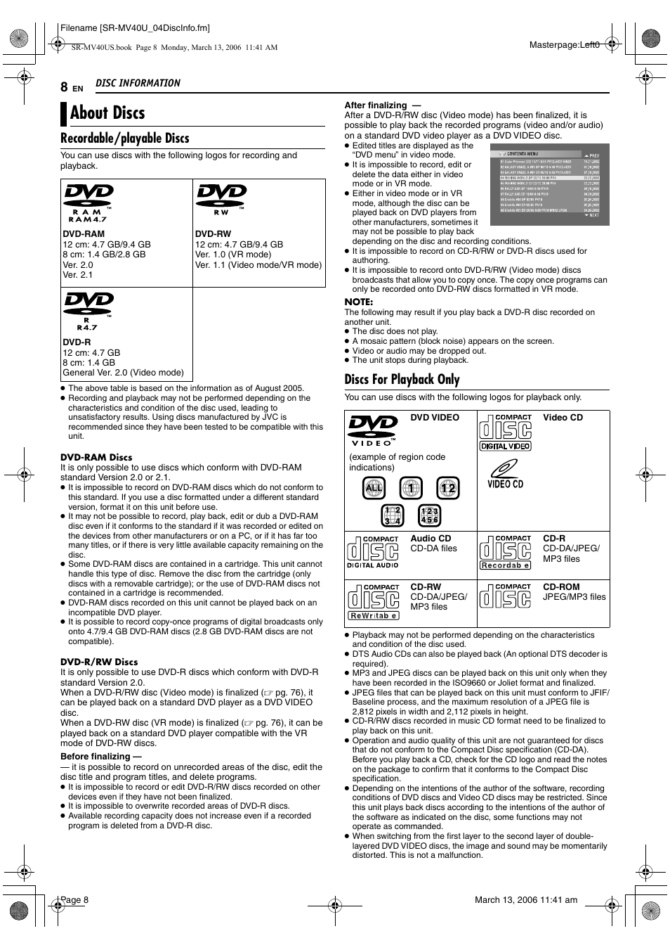 Disc information, About discs, Recordable/playable discs | Discs for playback only | JVC SR-MV40U User Manual | Page 8 / 88
