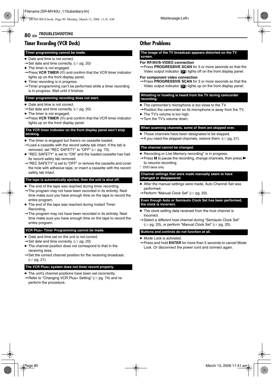 Timer recording (vcr deck), Other problems | JVC SR-MV40U User Manual | Page 80 / 88
