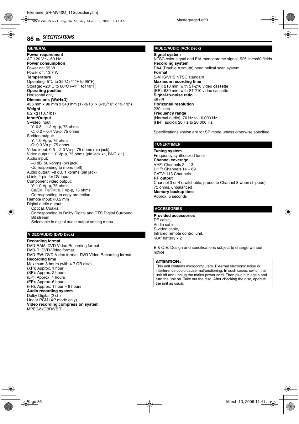 Specifications | JVC SR-MV40U User Manual | Page 86 / 88