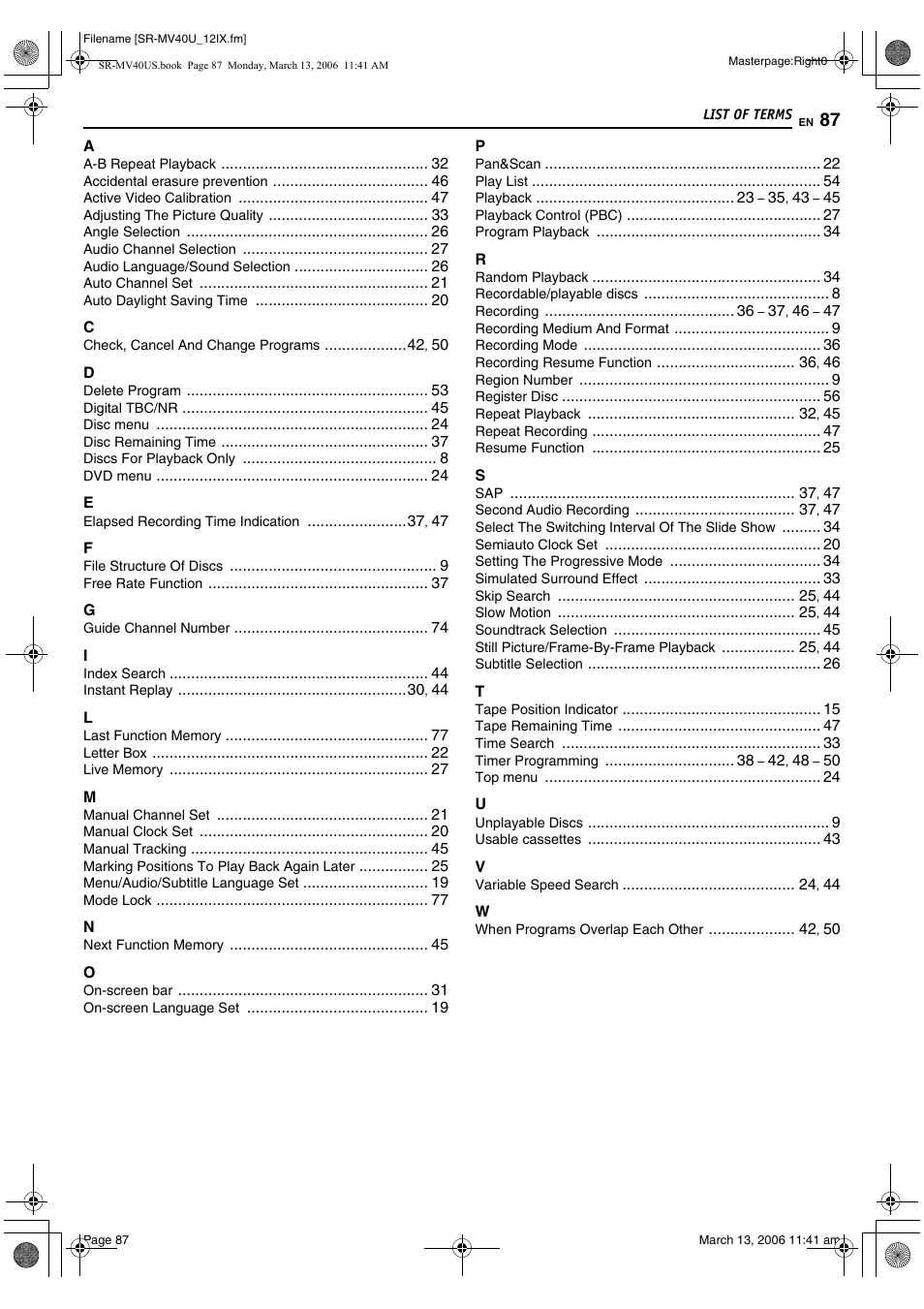 List of terms, E 87 | JVC SR-MV40U User Manual | Page 87 / 88
