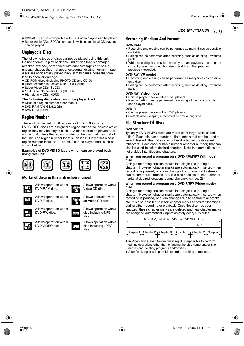 Unplayable discs, Region number, Recording medium and format | File structure of discs | JVC SR-MV40U User Manual | Page 9 / 88