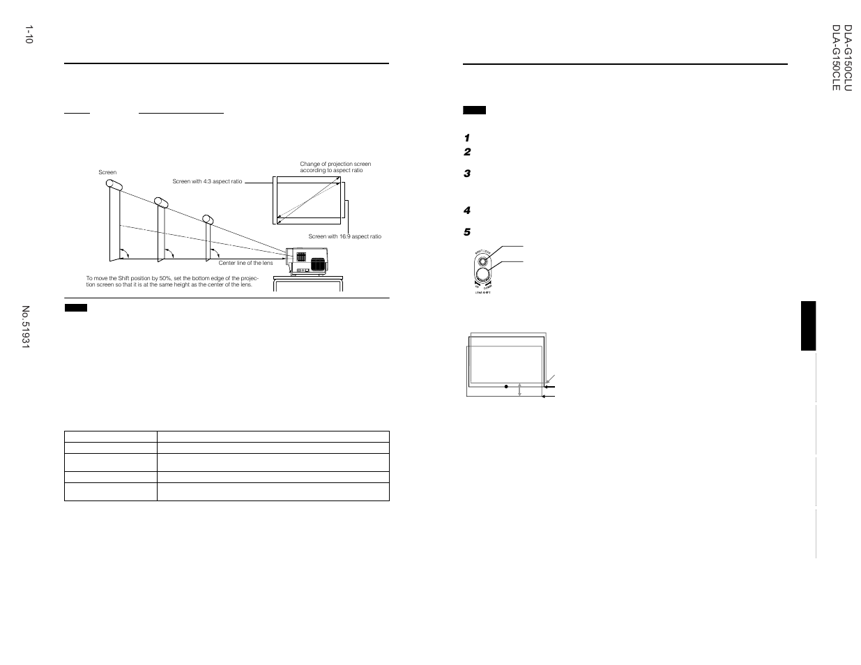 Projection distance and screen size, Setting the amount of lens shifting | JVC DLA-G150CLE User Manual | Page 10 / 80