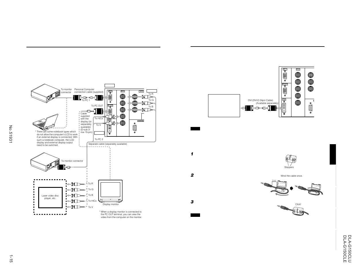 Connecting to dvi, How to attach the ferrite core, Connecting to computer devices | Power | JVC DLA-G150CLE User Manual | Page 15 / 80