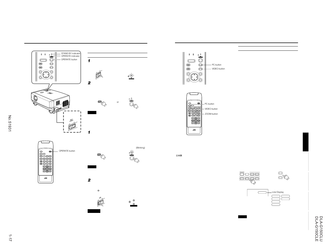 Rm-m160 remote control unit, Select the input source to be projected, Projector’s buttons ■ remote control unit | Turning on the power, Turn on the main power switch, Press the operate button for one second or more, Turning off the power | JVC DLA-G150CLE User Manual | Page 17 / 80