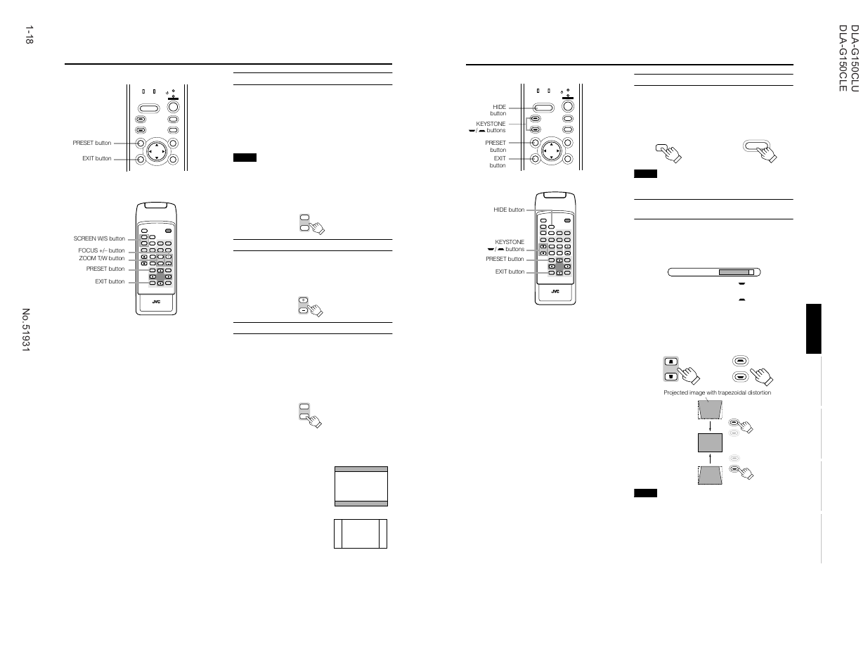 Rm-m160 remote control unit, Removing the trapezoidal distortion of the image, Adjust focus | Setting the screen aspect ratio, When using a screen with a 16:9 aspect ratio | JVC DLA-G150CLE User Manual | Page 18 / 80