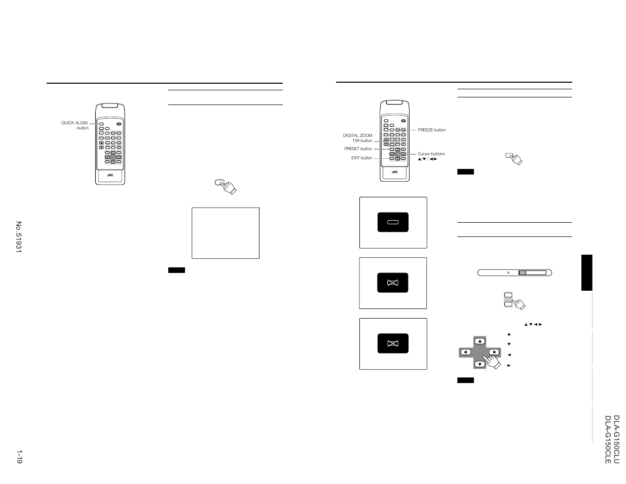 Rm-m160 remote control unit, Displaying a still picture (freeze), Zooming a part of the image (digital zoom t/w) | JVC DLA-G150CLE User Manual | Page 19 / 80