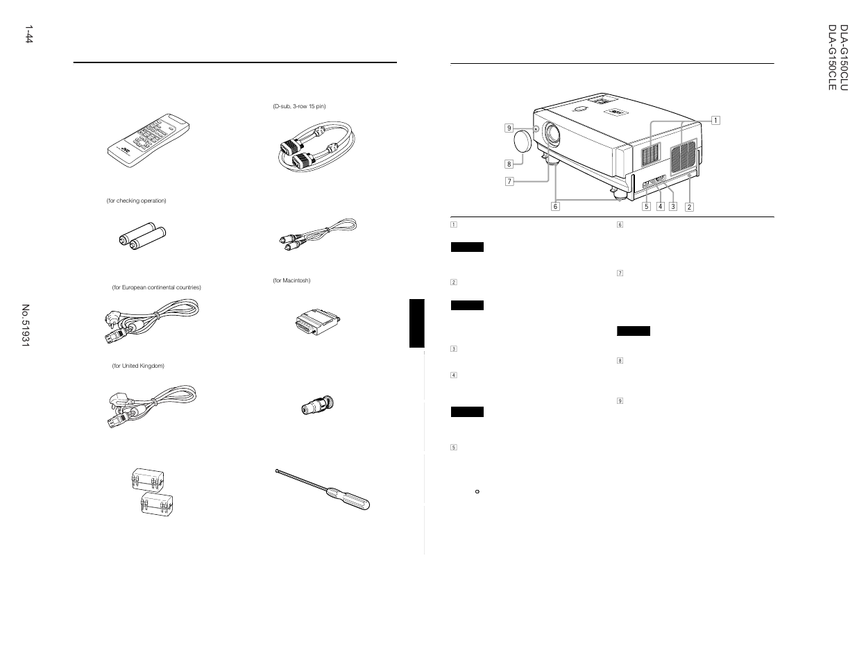 Accessories, Controls and features, Front side / top surface / right side | JVC DLA-G150CLE User Manual | Page 44 / 80