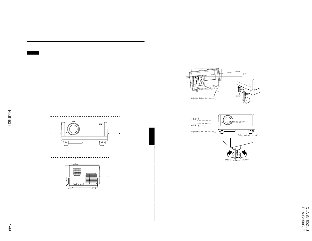 Installing the projector, Adjusting the inclination of the projector, Precautions for installation | JVC DLA-G150CLE User Manual | Page 49 / 80