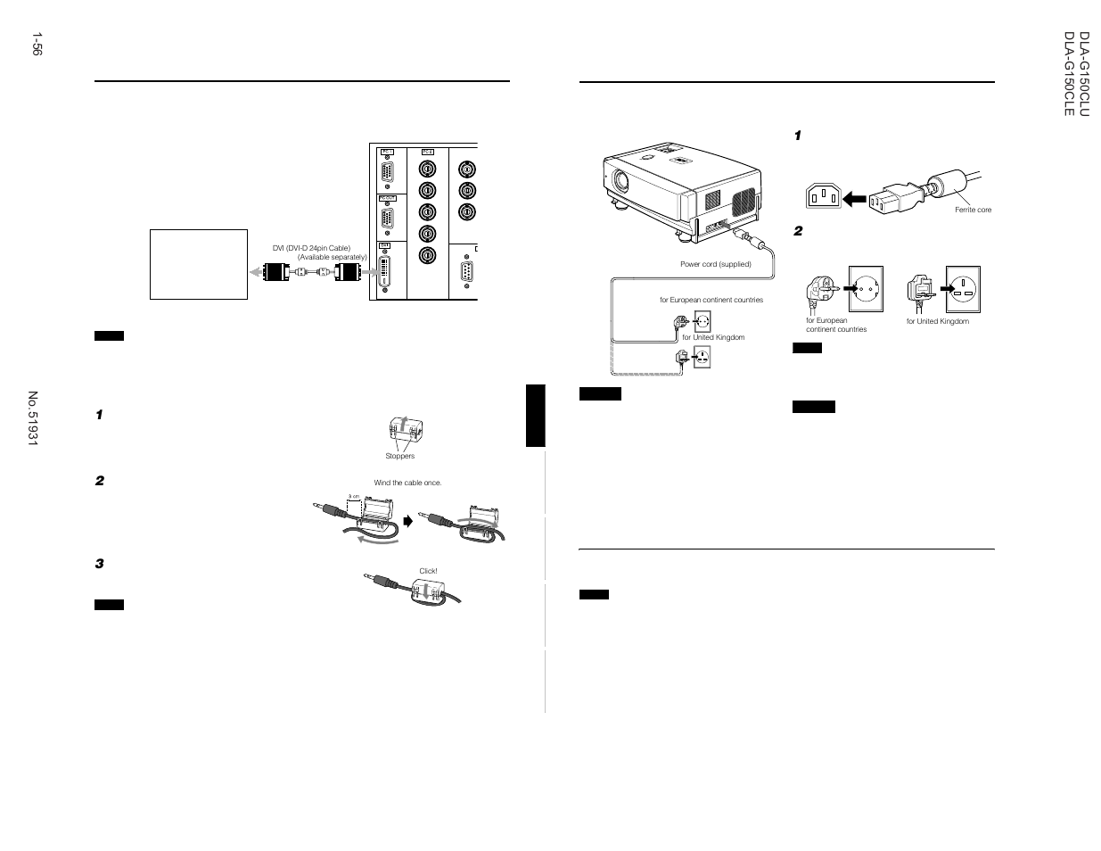 Connecting the power cord, Removing the lens cap, Connecting to dvi | How to attach the ferrite core | JVC DLA-G150CLE User Manual | Page 56 / 80