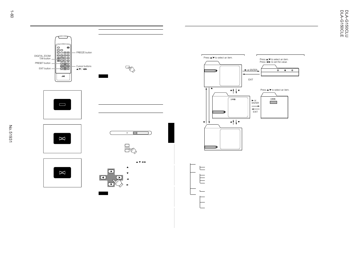 Menu operations, Rm-m160 remote control unit, Menu transition diagram in no signal menu mode | Quick reference guide for no signal menu mode, Displaying a still picture (freeze), Zooming a part of the image (digital zoom t/w) | JVC DLA-G150CLE User Manual | Page 60 / 80