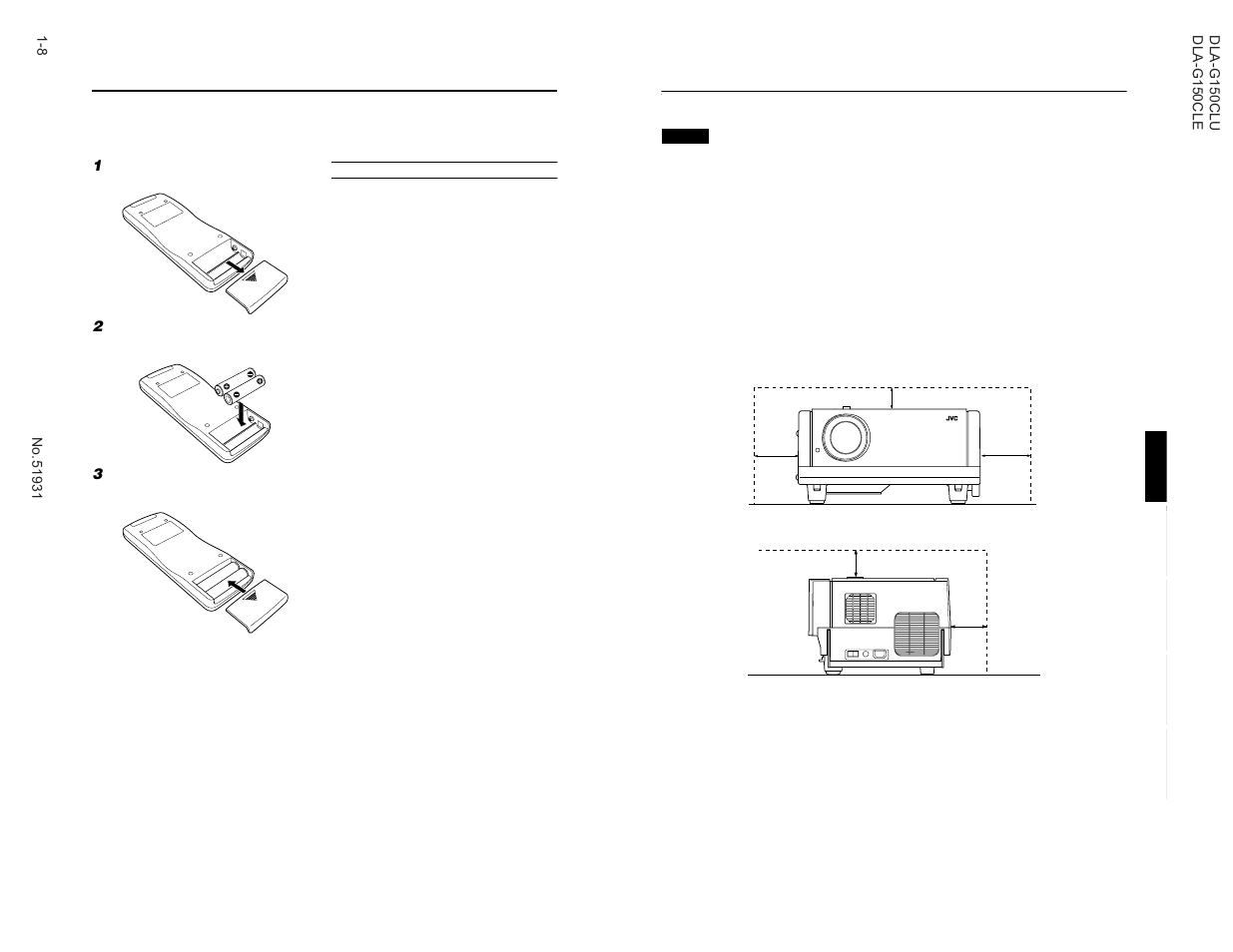 Installing the projector, Precautions for installation, Installing batteries | JVC DLA-G150CLE User Manual | Page 8 / 80
