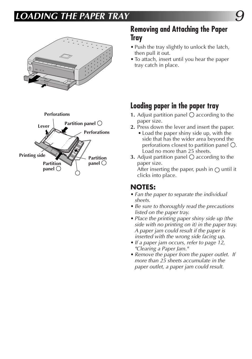 Loading the paper tray, Loading paper in the paper tray, Removing and attaching the paper tray | JVC GVSP2 User Manual | Page 11 / 36