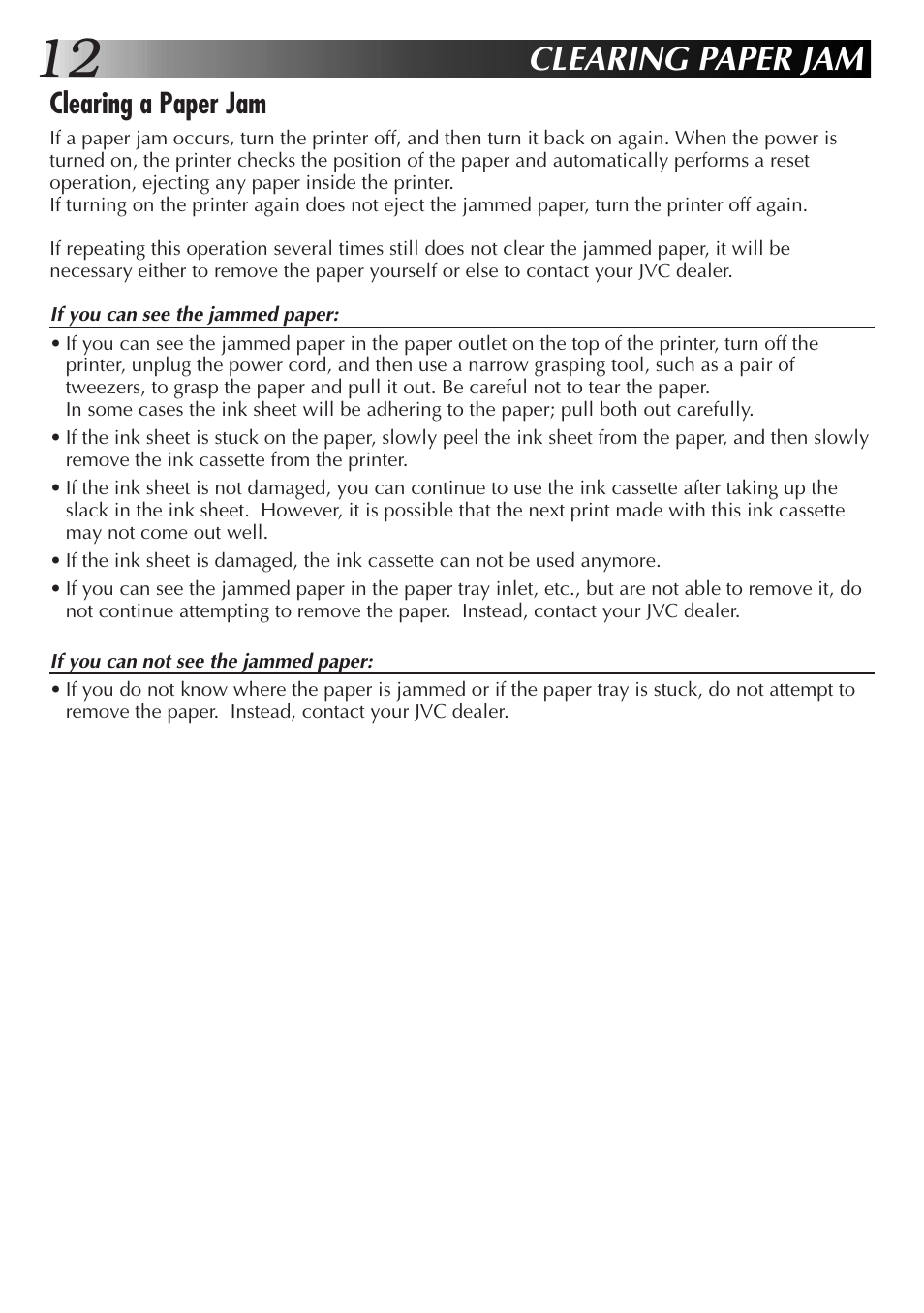 Clearing paper jam, Clearing a paper jam | JVC GVSP2 User Manual | Page 14 / 36