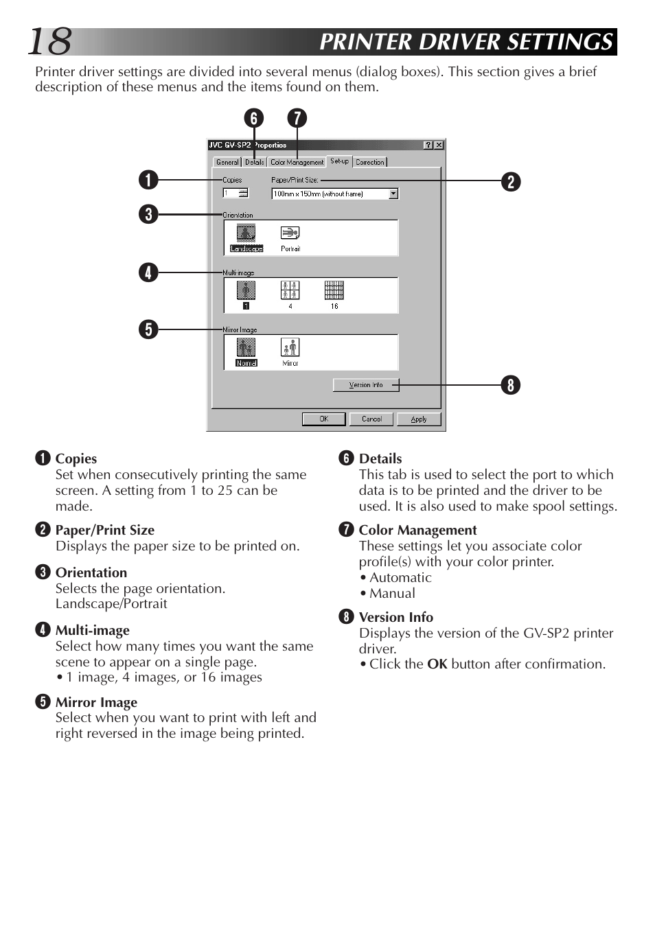 Printer driver settings | JVC GVSP2 User Manual | Page 20 / 36