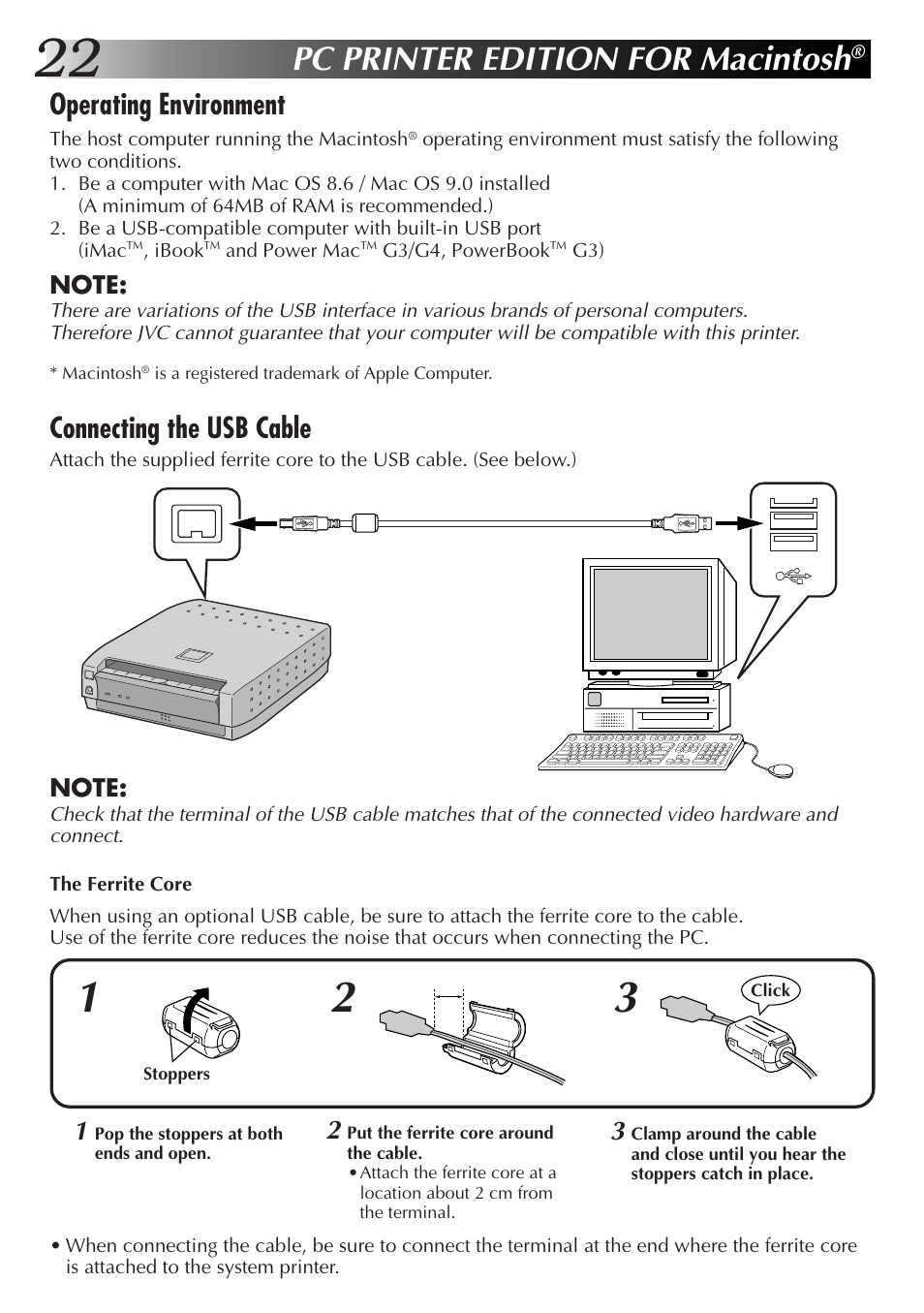 Pc printer edition for macintosh, Operating environment, Connecting the usb cable | JVC GVSP2 User Manual | Page 24 / 36