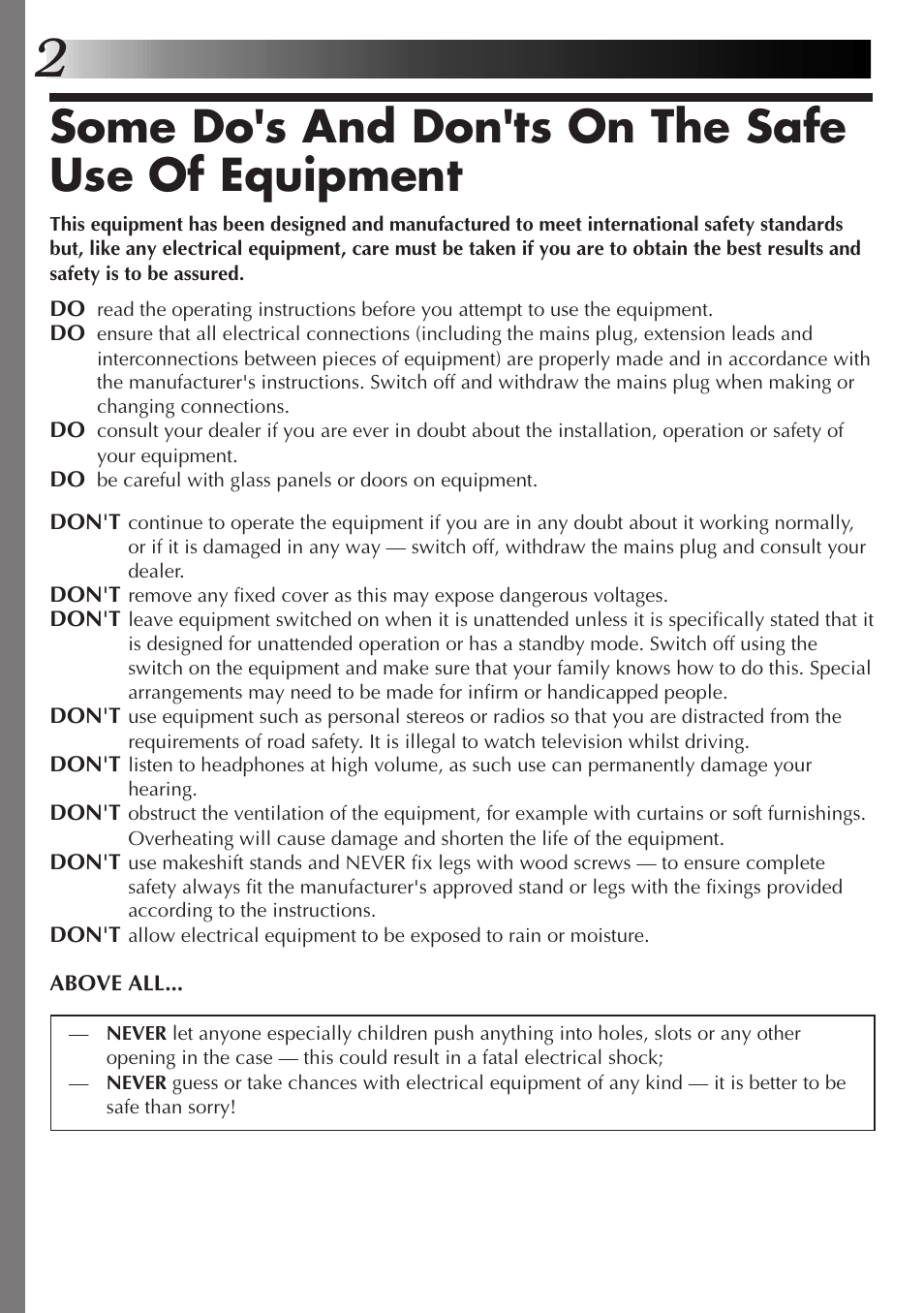 Some do's and don'ts on the safe use of equipment | JVC GVSP2 User Manual | Page 4 / 36